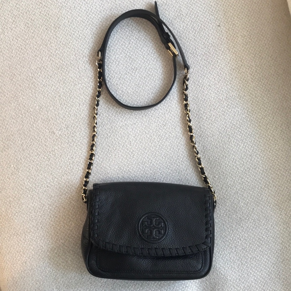 Tory Burch Black Leather Crossbody Bag with Gold Chain
